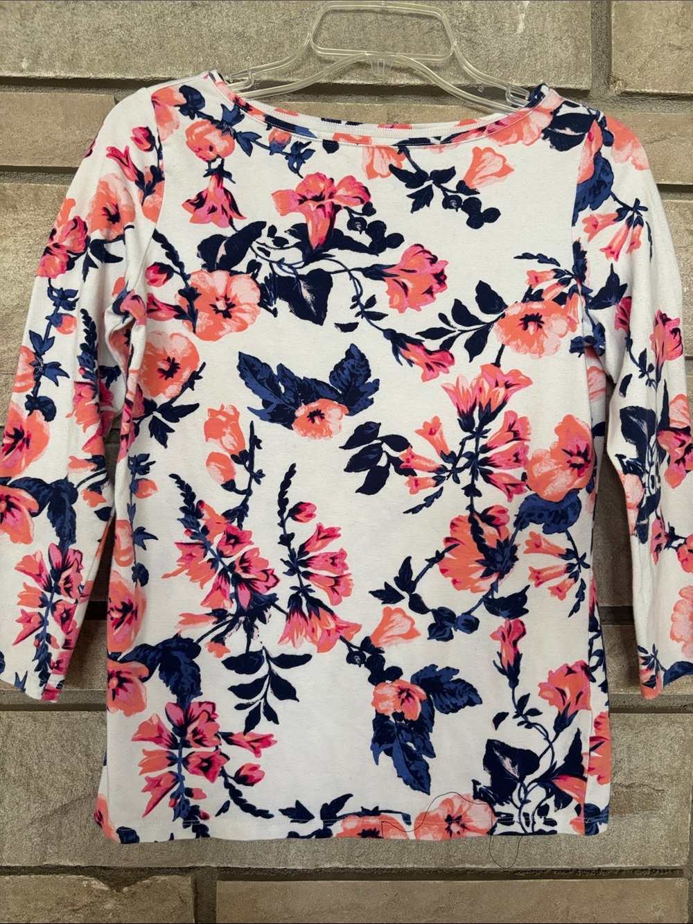 Talbots White Long-Sleeve Floral Tee with Pink and Navy Blooms
